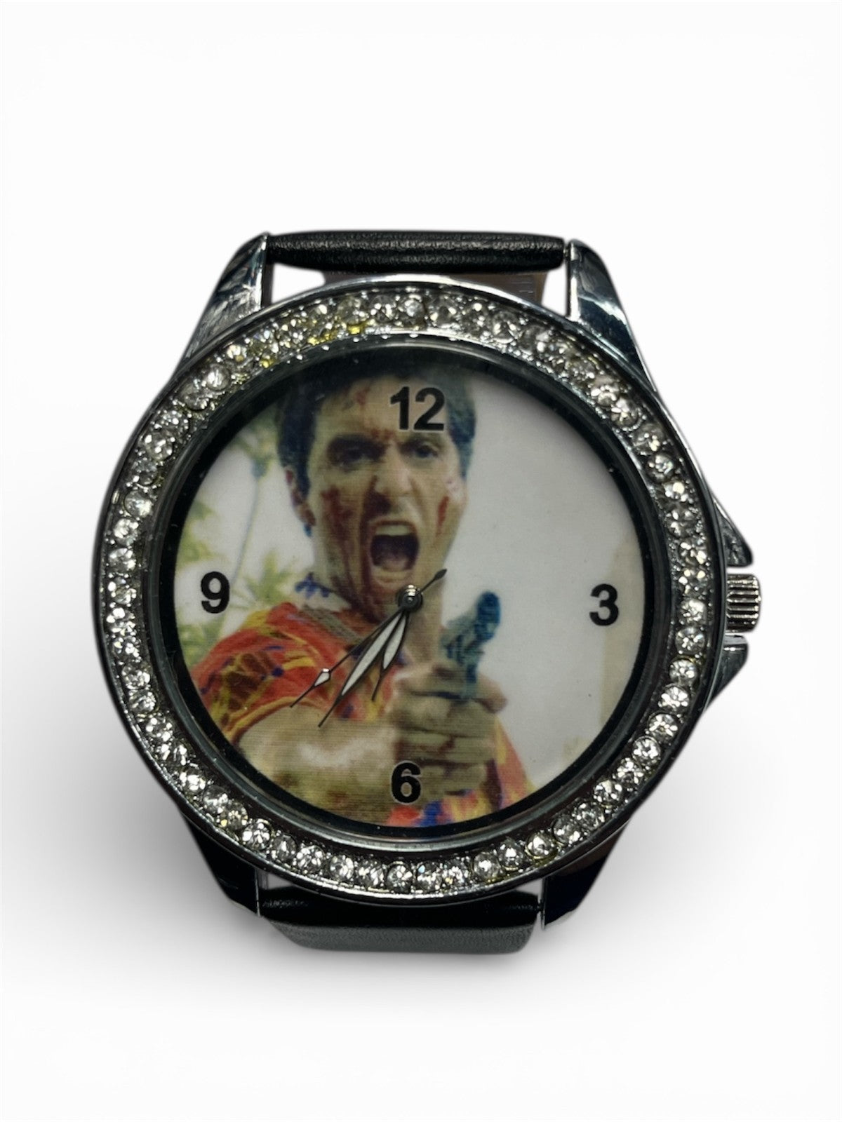 Tony Montana Rhinestones Dial Watch Men Silver Tone Black Genuine Leather Band