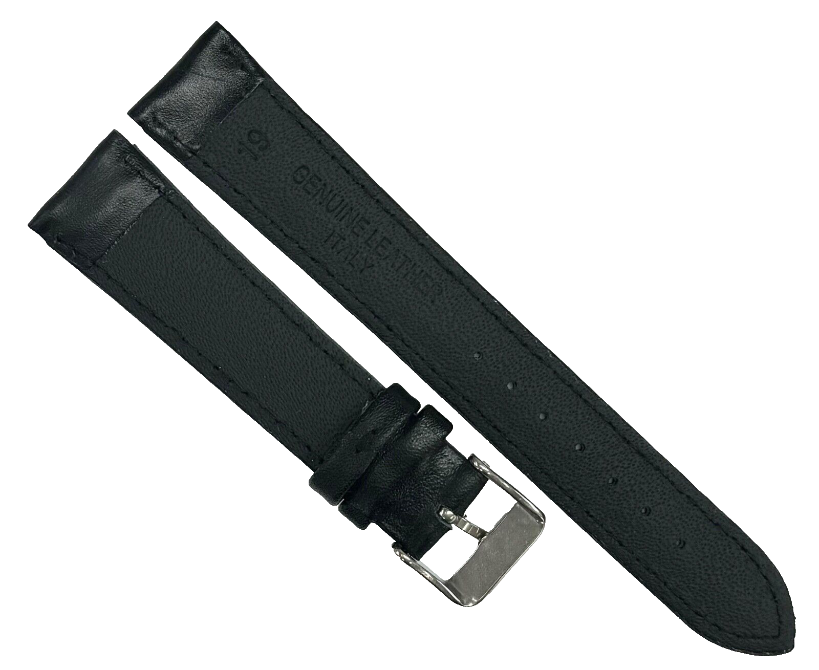 Watch Band Plain Black w/Blue Stitches Genuine Leather Padded 19mm