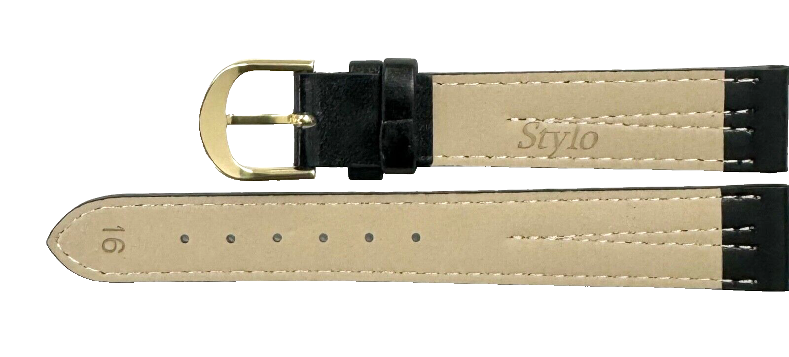 Watch Band Plain Black with 4 Stitches Genuine Leather Padded 16mm