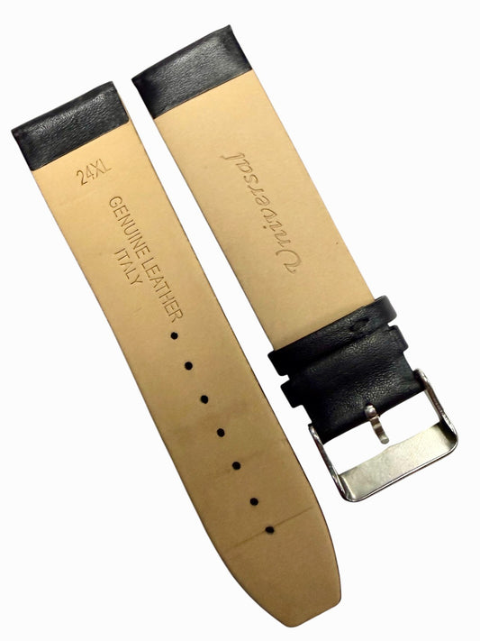 22mm Genuine Leather Black Watch Band – Slim Flat Grain Strap Gold/Silver Buckle