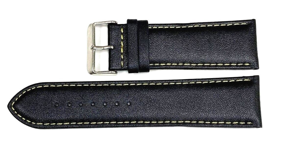 Watch Band Genuine Leather Plain PADDED With Stitches Black Color Of Size 26MM