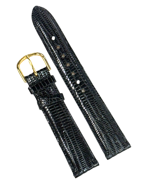 16mm Black 100% Real Lizard Watch Band Padded Watch Strap With Gold Buckle
