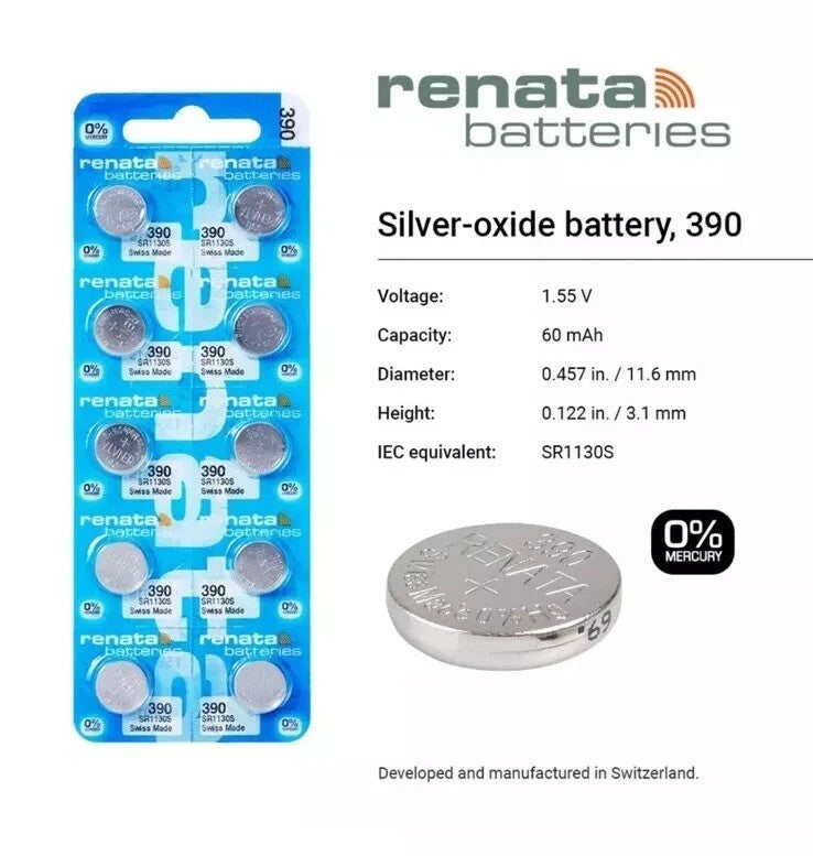 Ten (10)  Renata 390 Watch Battery SR1130SW SWISS MADE, 0% MERCURY