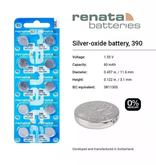 Ten (10)  Renata 390 Watch Battery SR1130SW SWISS MADE, 0% MERCURY