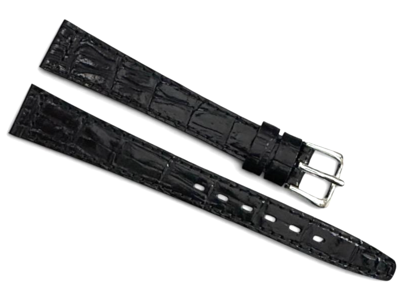 Black 14MM FLAT LEATHER STRAP BAND FOR WATCH silver Buckle