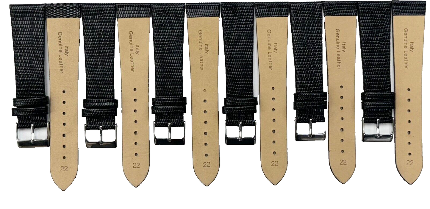 Lot of 6 Watch Band Genuine Leather Black Lizard Grain Flat 22MM Top Quality