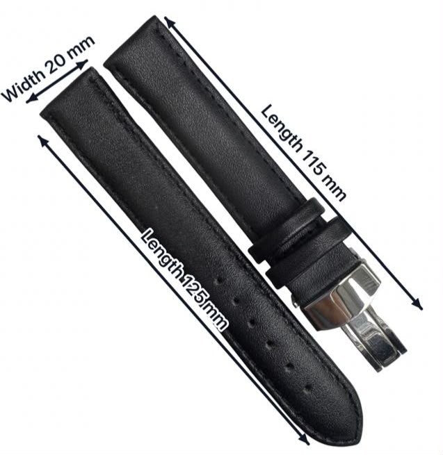 20mm BLACK Genuine Leather stitched Padded Watch Band With Deployment Buckle