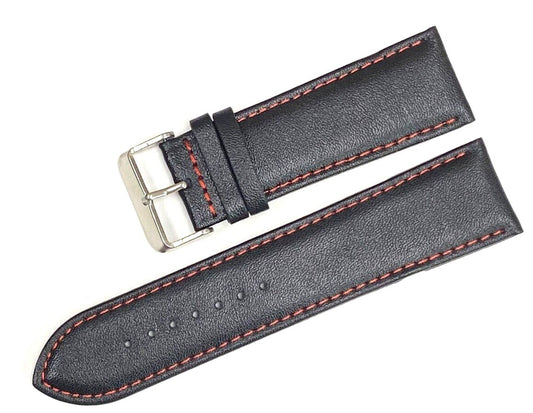 Watch Band Genuine Leather Plain PADDED With Stitches Black Color Of Size 24MM