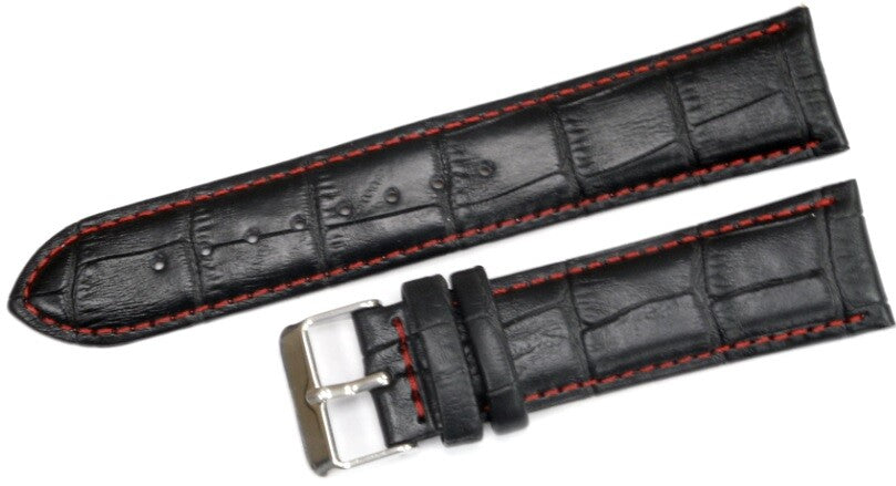 Watch Band Black Genuine Leather Alligator Grain Red Stitches 22mm XL