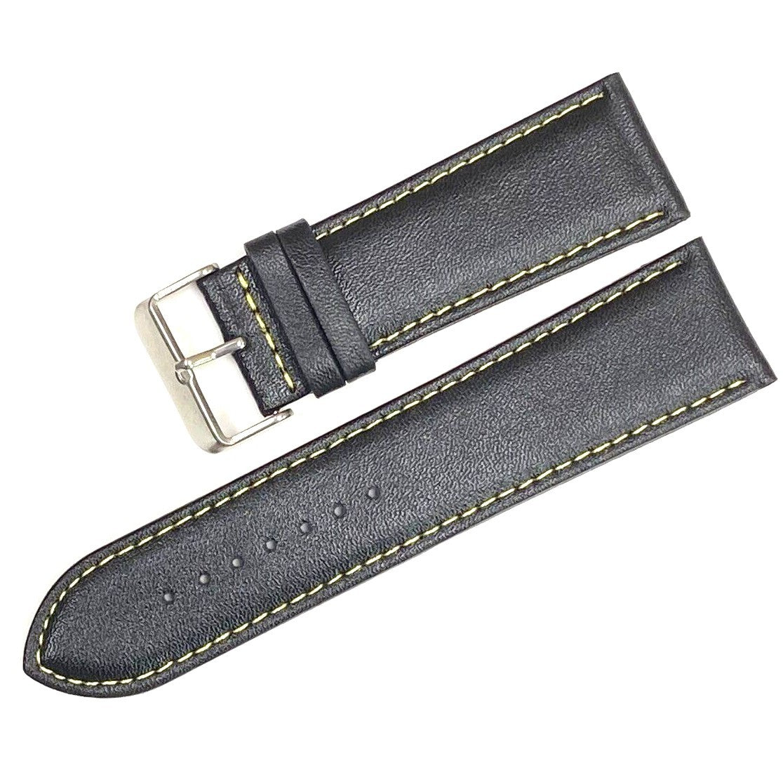 Watch Band Genuine Leather Plain PADDED With Stitches Black Color Of Size 24MM