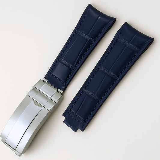 High-Quality Navy Blue Leather Watch Band – 20mm for Rolex Watches | Steel Clasp