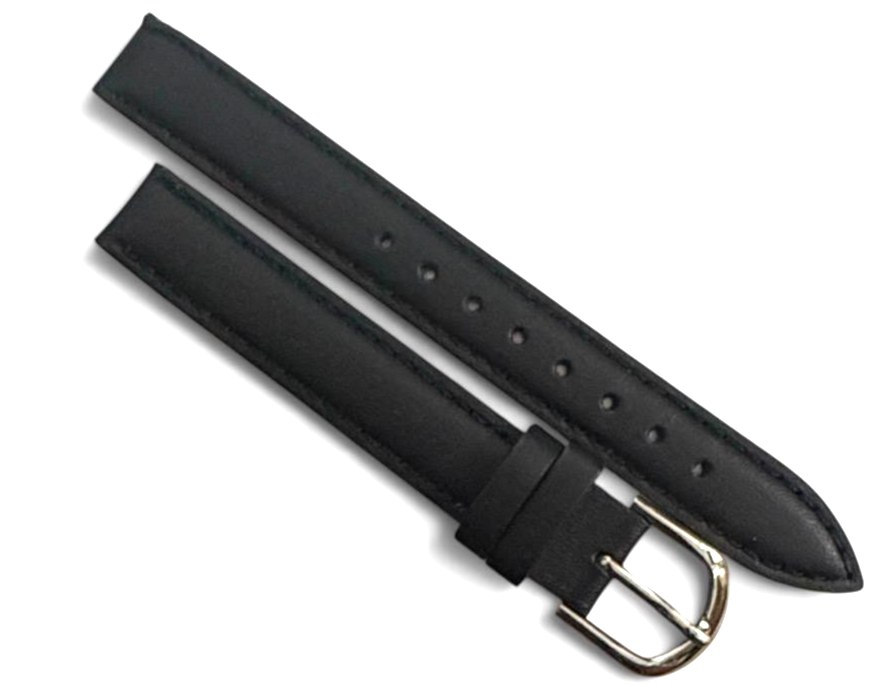 Watch Bands Black Genuine Leather Stitched Padded 12MM Plain