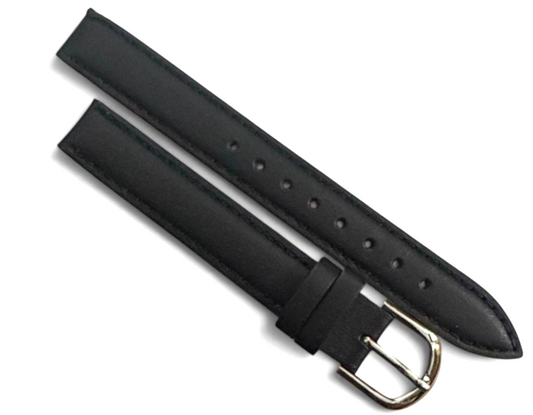 Watch Bands Black Genuine Leather Stitched Padded 12MM Plain
