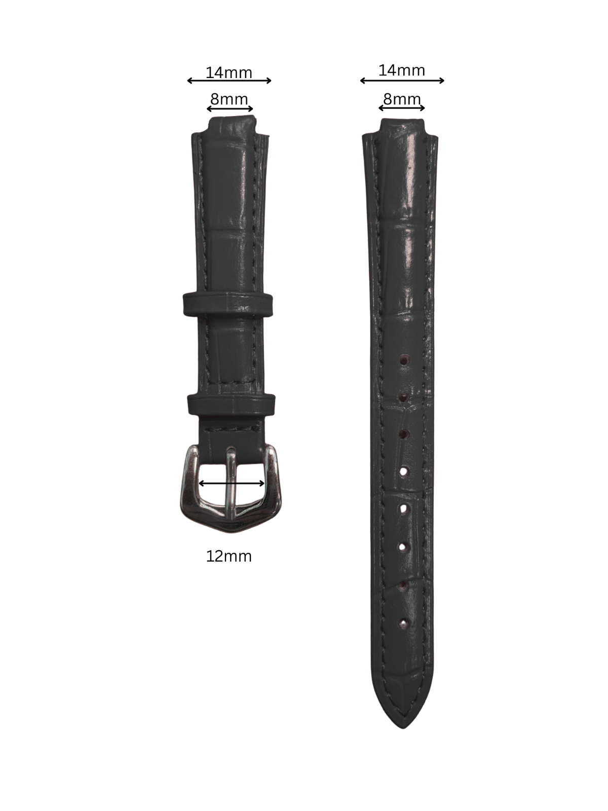 16mm Black Genuine leather Band Strap Crocodile-Style w/ Buckle
