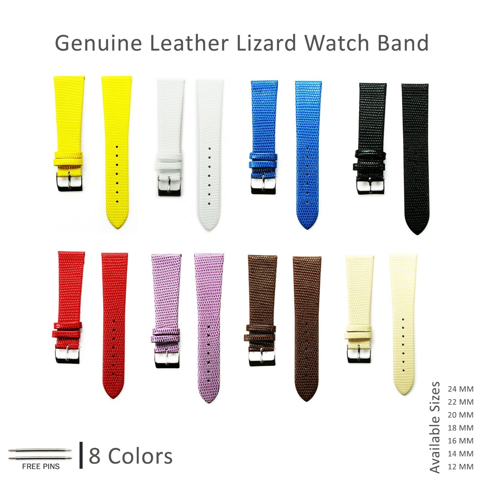  Lot of 6Pcs.Watch Bands Genuine Leather Lizard Grain Flat 12MM to 24MM 8 Colors