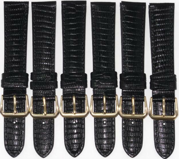  Lot of 6 Bands 24MM Genuine Leather Lizard Grain Padded Black High Quality