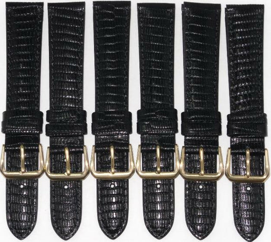  Lot of 6 Bands 24MM Genuine Leather Lizard Grain Padded Black High Quality