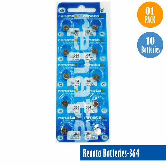 Renata 364 Watch Cell Batteries SR621SW, SWISS MADE, 0% MERCURY (Pack 10)