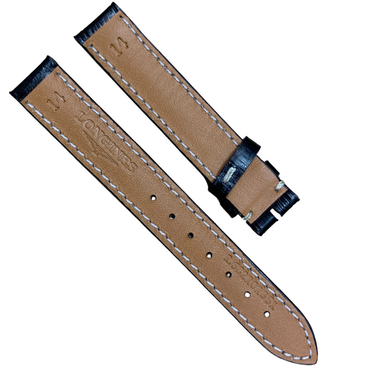 Black 14mm Leather Watch Strap for Longines – White Stitching, Alligator Style