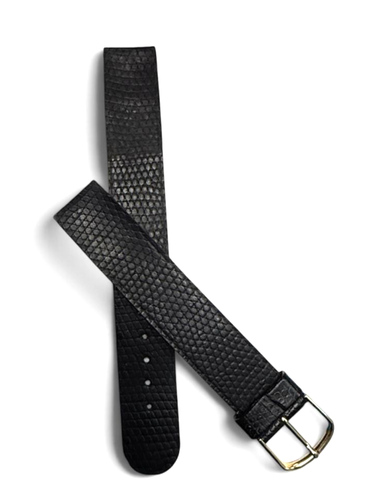 18 mm FLAT BLACK LIZARD STYLE LEATHER GRAIN -Gold-tone Buckle Watch Band