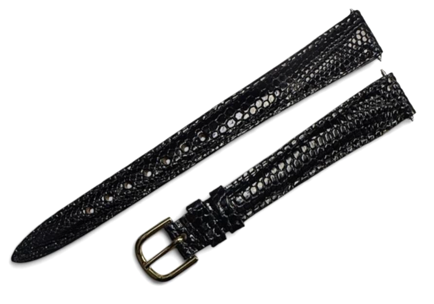 13mm Black color Padded & Stitched Genuine Lizard Watch Band-Gold Buckle