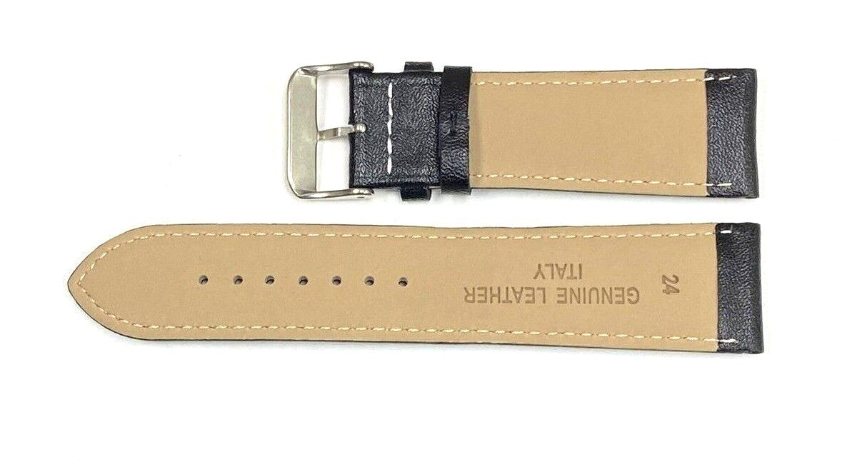 Watch Band Genuine Leather Plain PADDED With Stitches Black Color Of Size 24MM