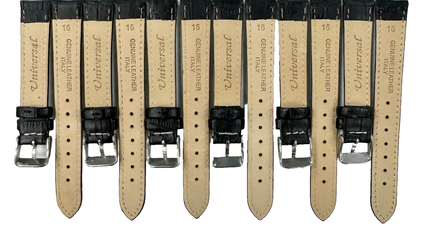 Lot of 6 Watch Bands Alligator Grain White Stitches Quality Genuine Leather 16mm