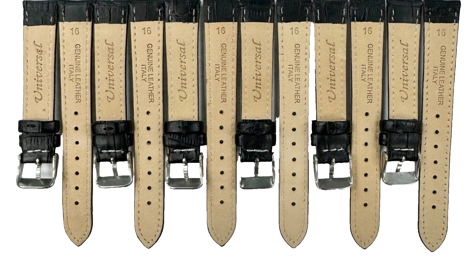 Lot of 6 Watch Bands Alligator Grain White Stitches Quality Genuine Leather 16mm