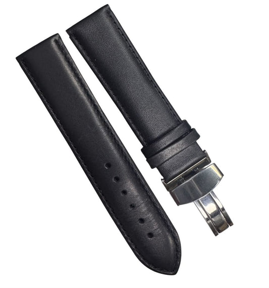24MM Black Genuine Leather stitched Padded Watch Band With Deployment Buckle