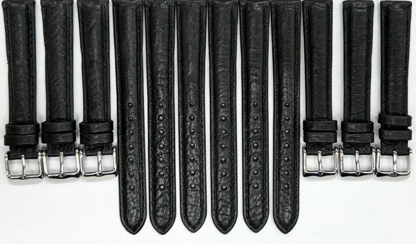 Lot of 6 Watch Band Quality Black Genuine Leather Grain,16mm, slim and padded