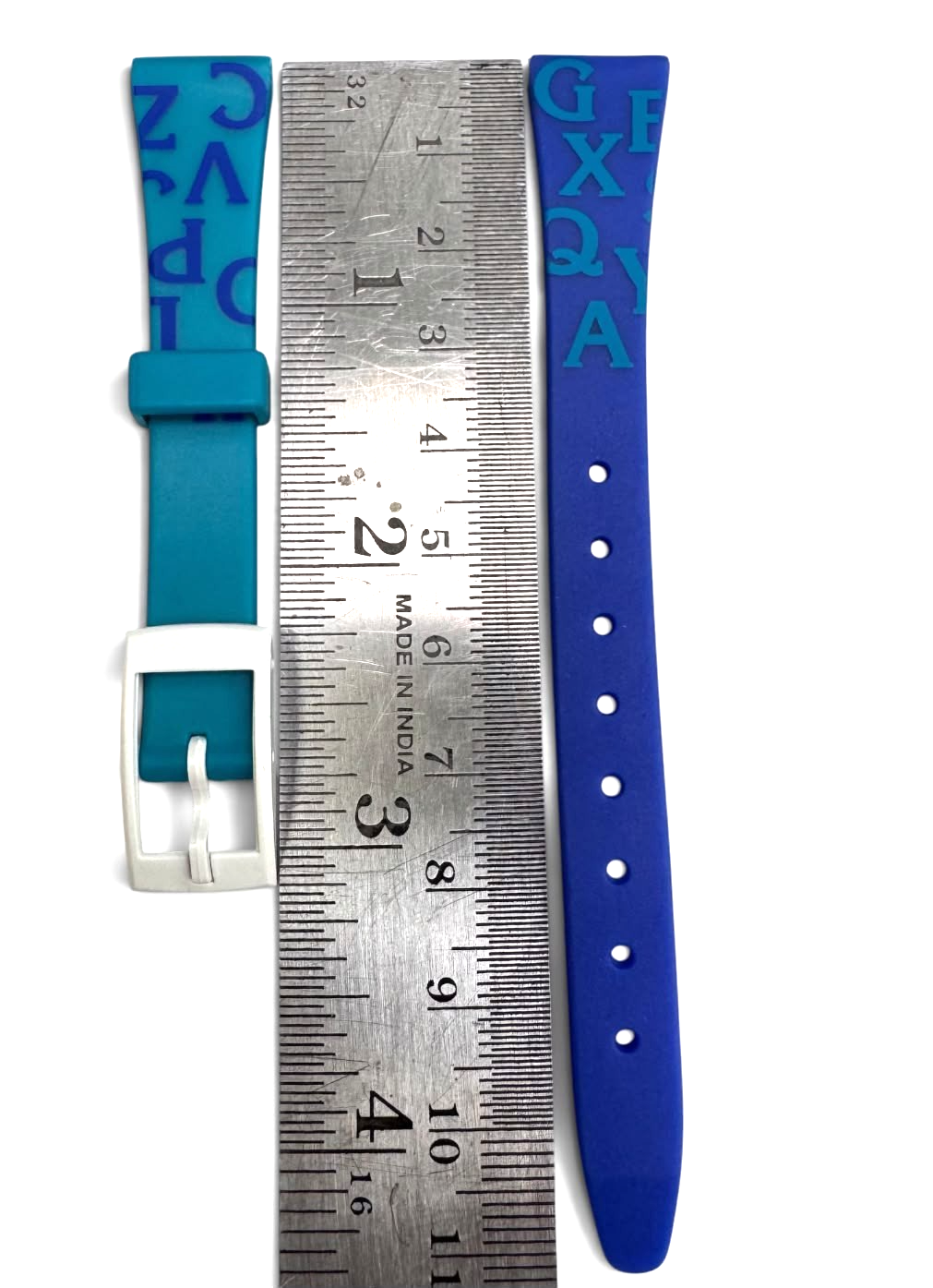 14MM PLASTIC PVC WATCH BAND TWO TONE BLUE COLOR WITH ALPHABET DESIGN