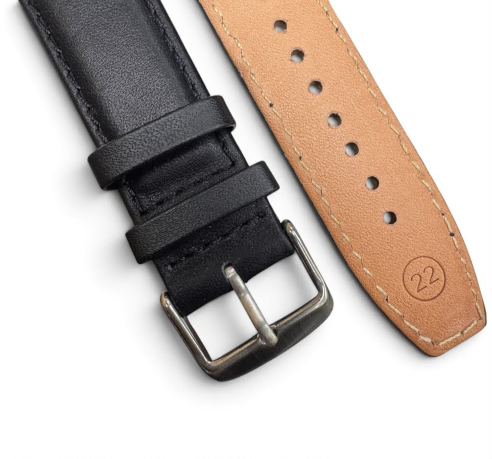 22 MM BLACK GENUINE LEATHER Watch Band for High End Watches Stitched