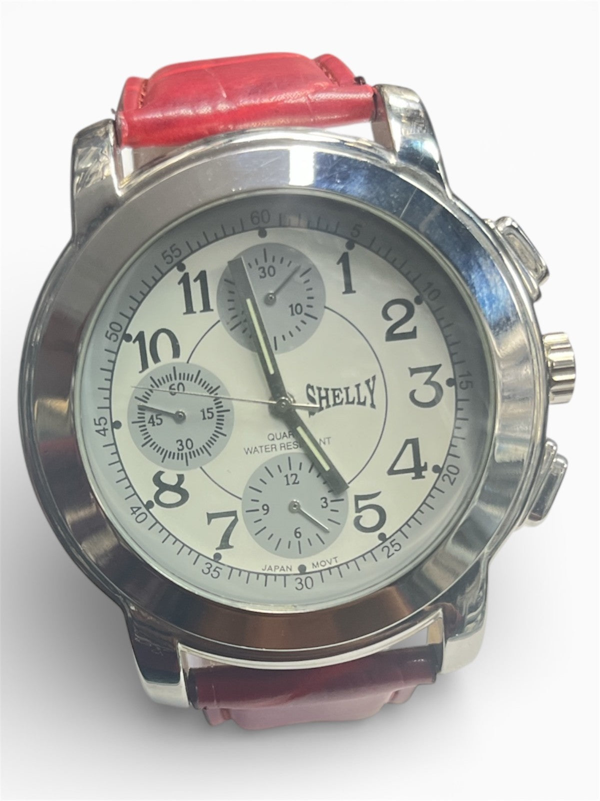 SHELLY round Dial Watch Silver Tone Burgandy Genuine Leather Band Watch
