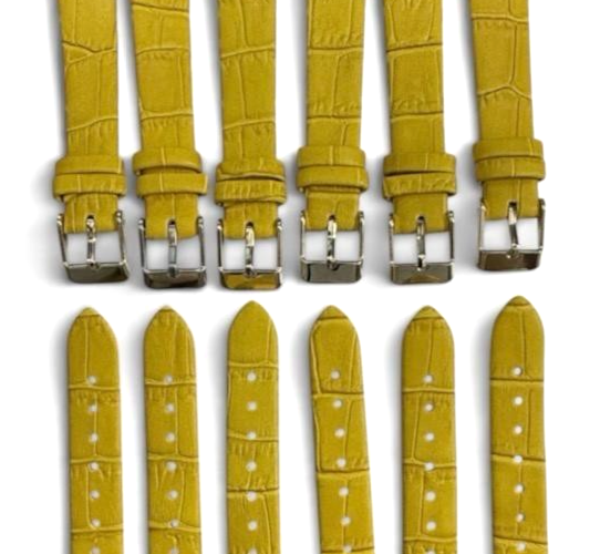 set of 6 Watch Band Genuine Leather Alligator Grain Yellow Flat 14mm