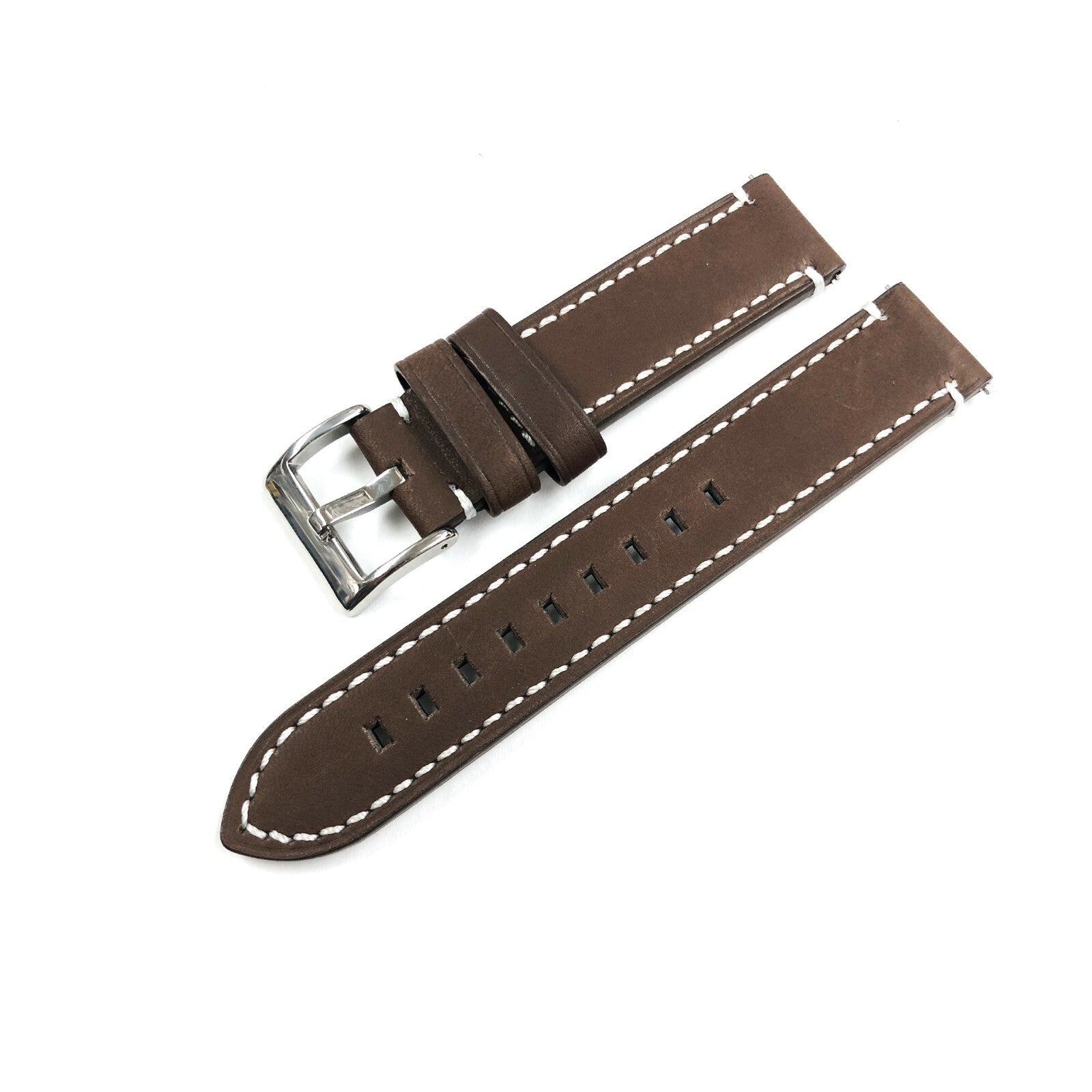 Genuine Leather Flat Watch Band 20MM 22MM 24 MM White Stitched