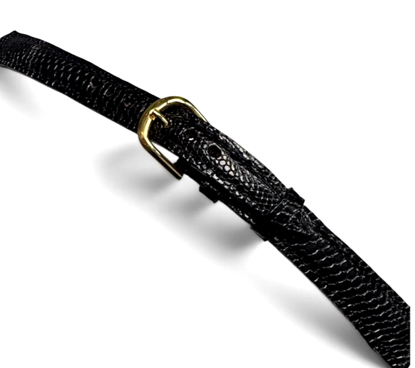 13mm Black color Padded & Stitched Genuine Lizard Watch Band-Gold Buckle