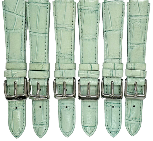 Lot of 6 Green Genuine Leather Watch Bands 15mm Alligator Grain Padded, Stitched
