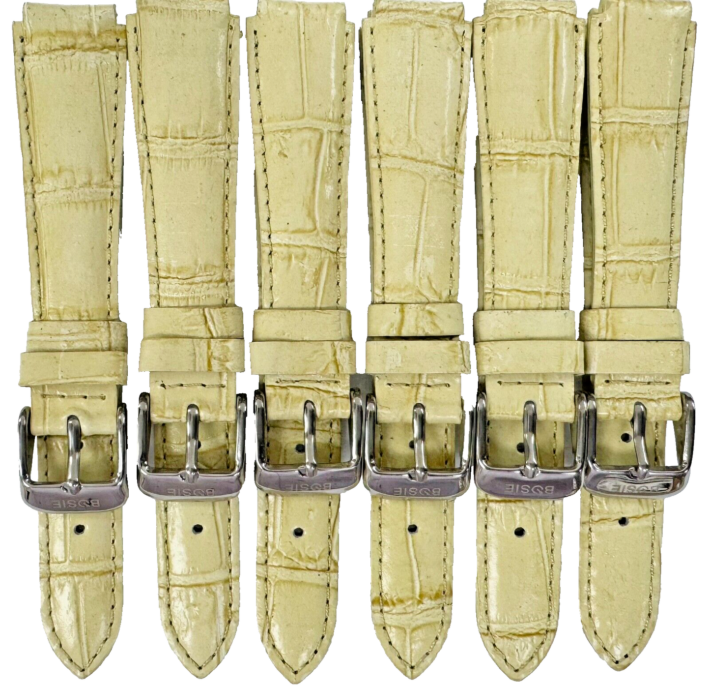 Lot of 6 Beige Genuine Leather Watch Bands 15mm Alligator Grain Padded, Stitched
