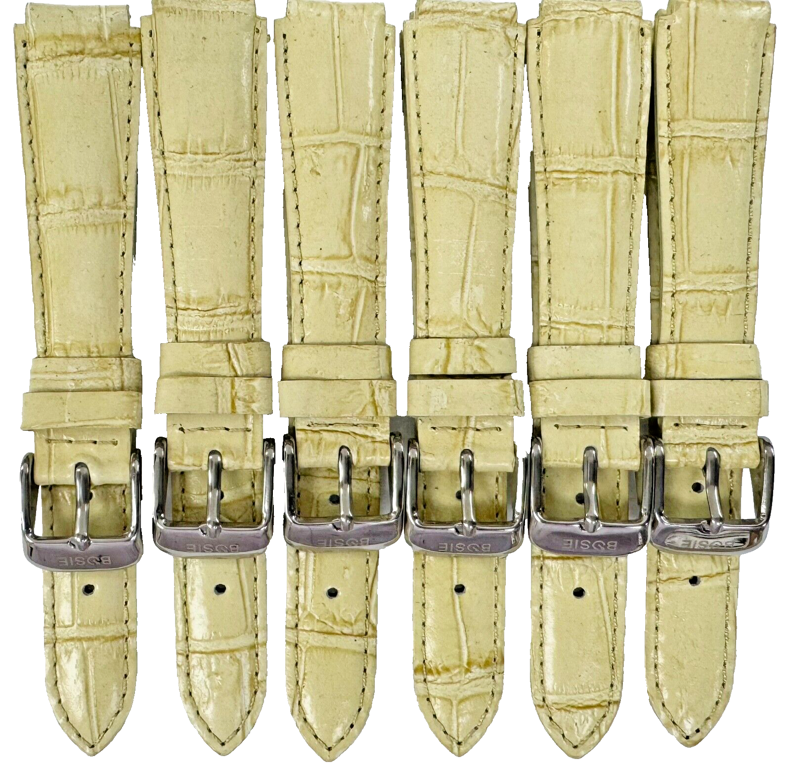 Lot of 6 Beige Genuine Leather Watch Bands 15mm Alligator Grain Padded, Stitched