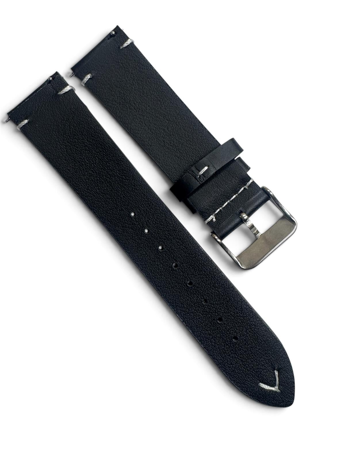 STITCHED GENUINE LEATHER UNIVERSAL WATCH BAND 22mm BLACK COLOR