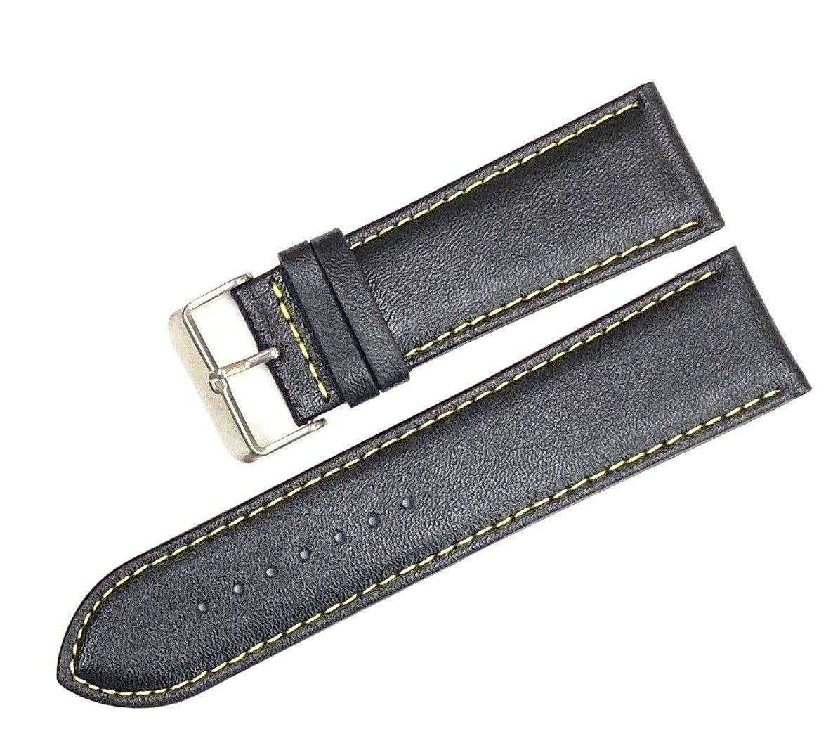 Watch Band Genuine Leather Plain PADDED With Stitches Black Color Of Size 24MM