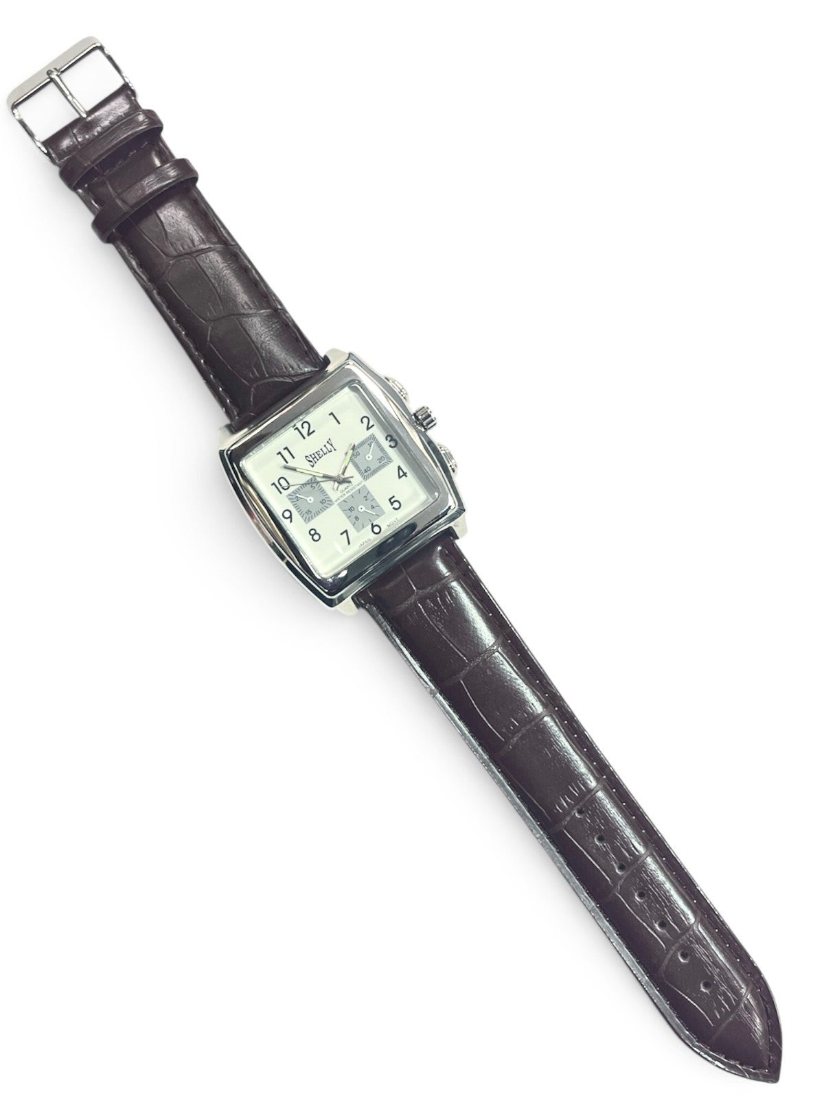 SHELLY Square Dial Watch Silver Tone Brown Genuine Leather Band