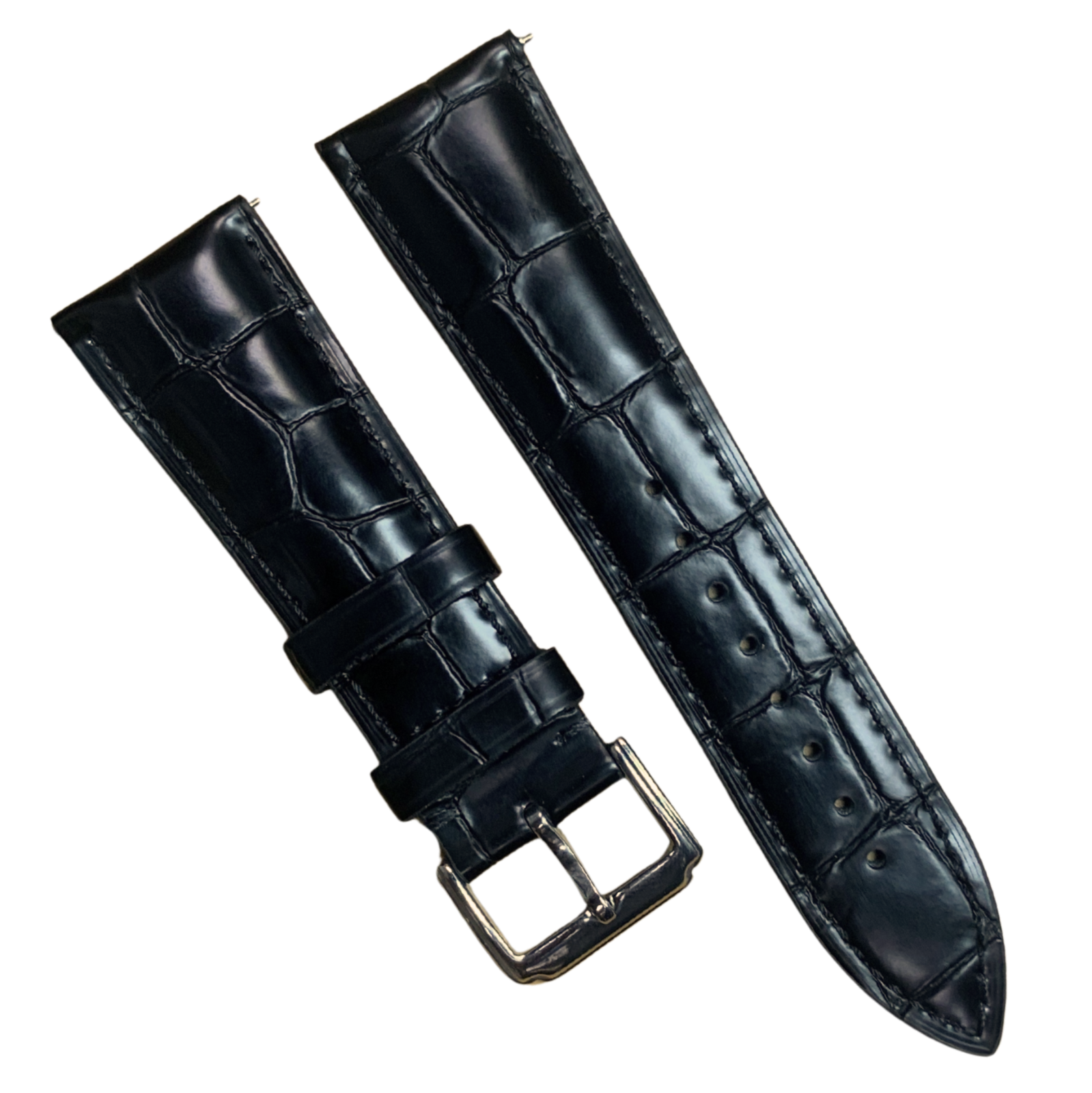 Genuine Leather Watch Band Black - Alligator Grain with Steel Buckle -24mm width