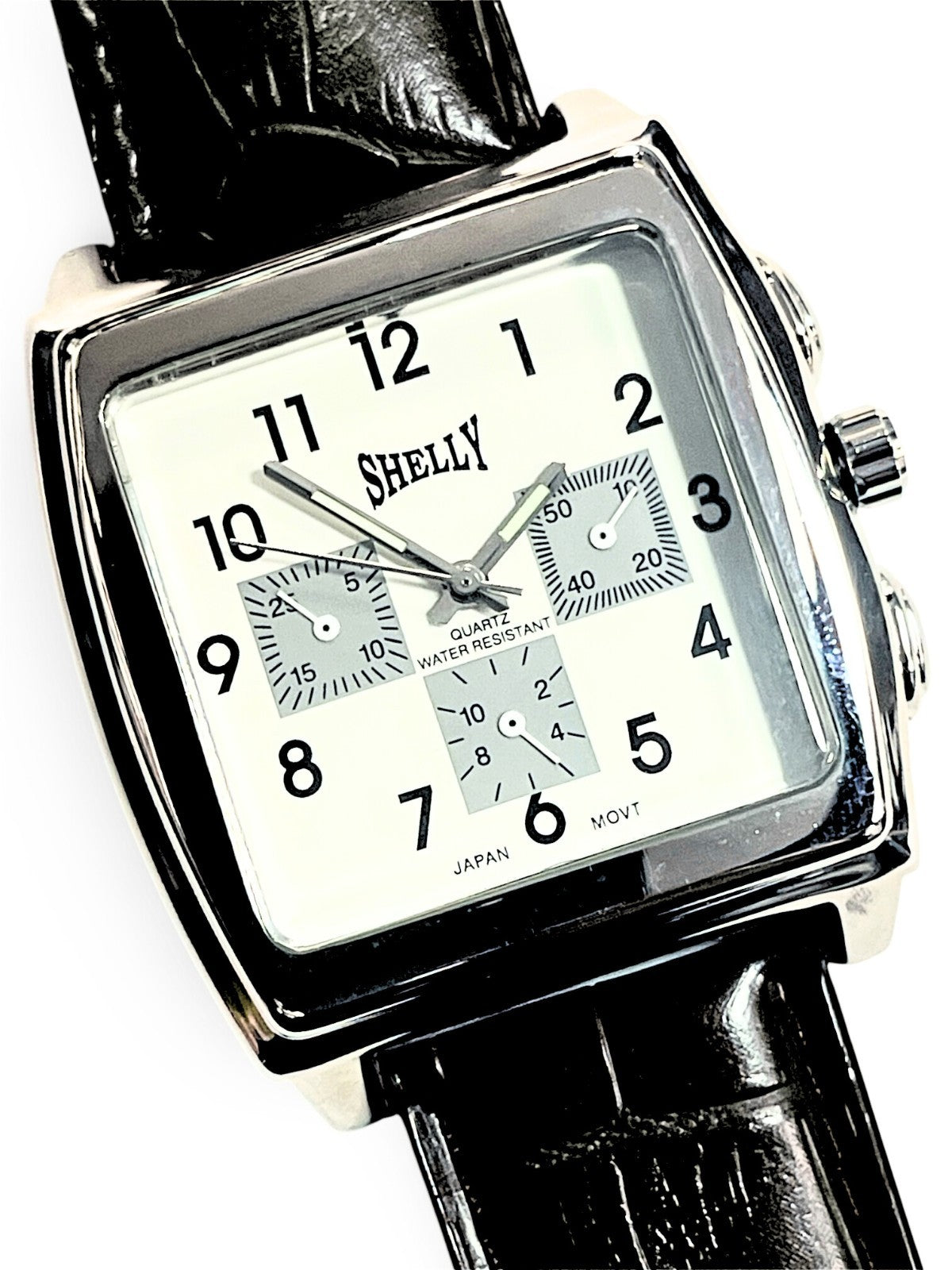SHELLY Square Dial Watch Silver Tone White Dial Black Genuine Leather Band