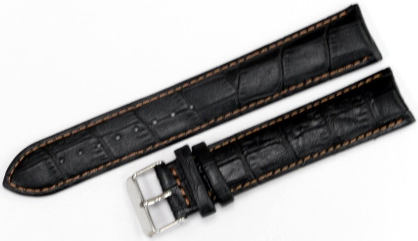 Watch Band Black Genuine Leather Alligator Grain Orange Stitches 22mm-XXL