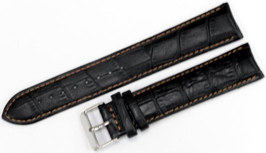 Watch Band Black Genuine Leather Alligator Grain Orange Stitches 22mm-XXL