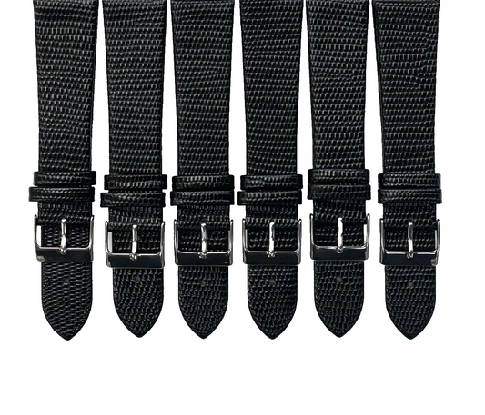 Lot of 6 Watch Band Genuine Leather Black Lizard Grain Flat 22MM Top Quality