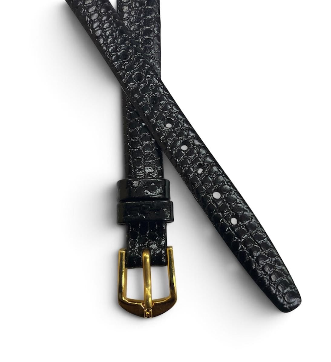 Hirsch Rainbow Black  Leather Watch Band with Gold Tone Buckle 10mm