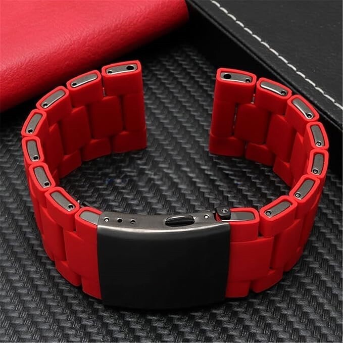 Red 28mm Silicone Watch Band with SS Links – Fits Diesel DZ7396, DZ7370, DZ4289
