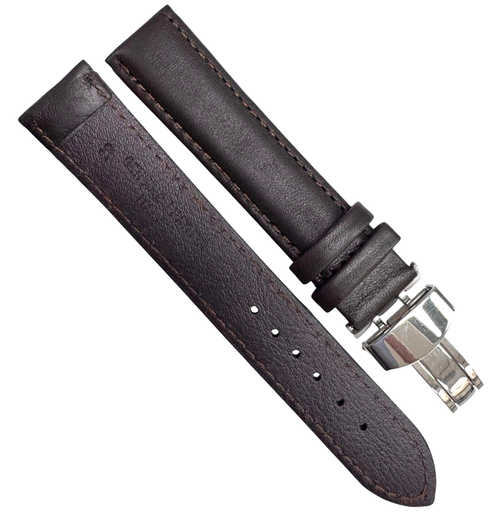 20mm BROWN Genuine Leather stitched Padded Watch Band With Deployment Buckle